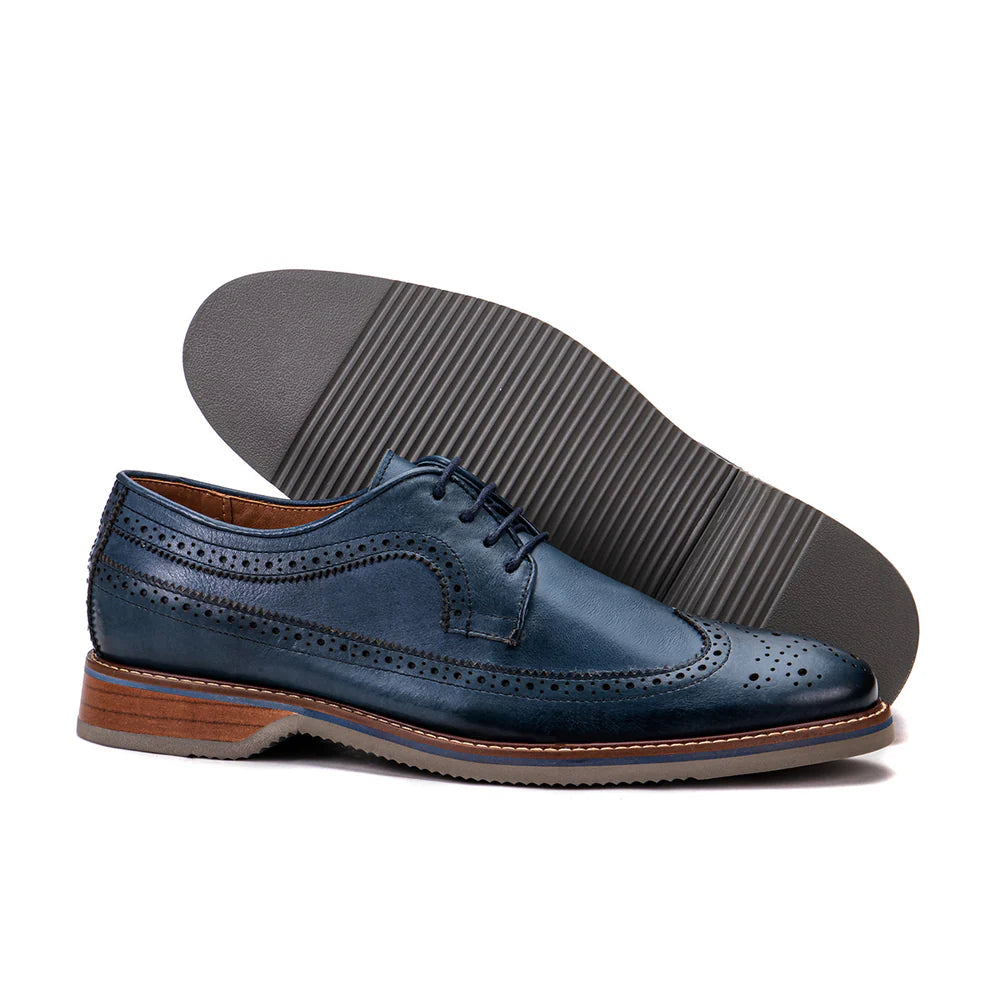 Classic blue leather wingtip derby shoes