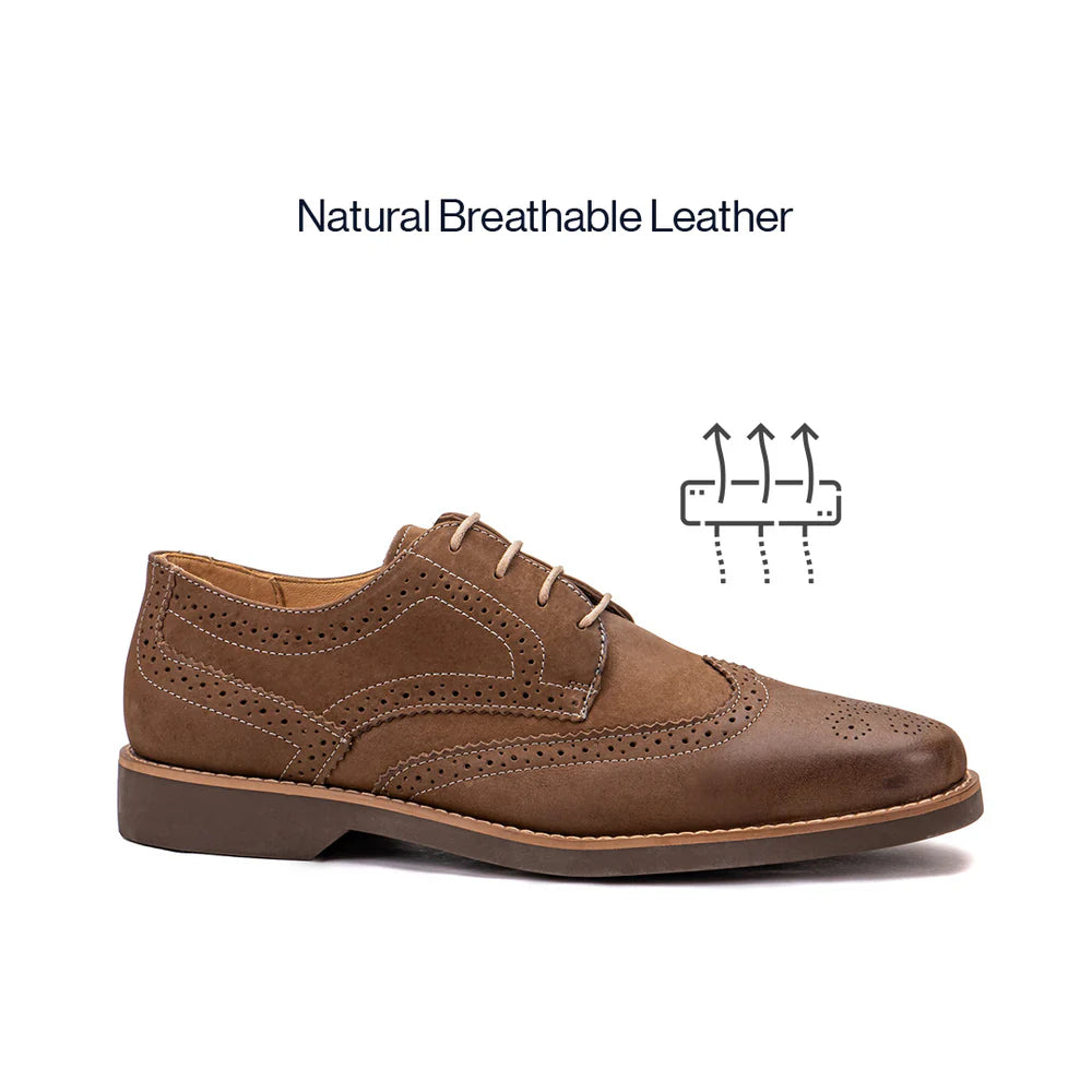 Earthy brown leather wingtip derby shoes